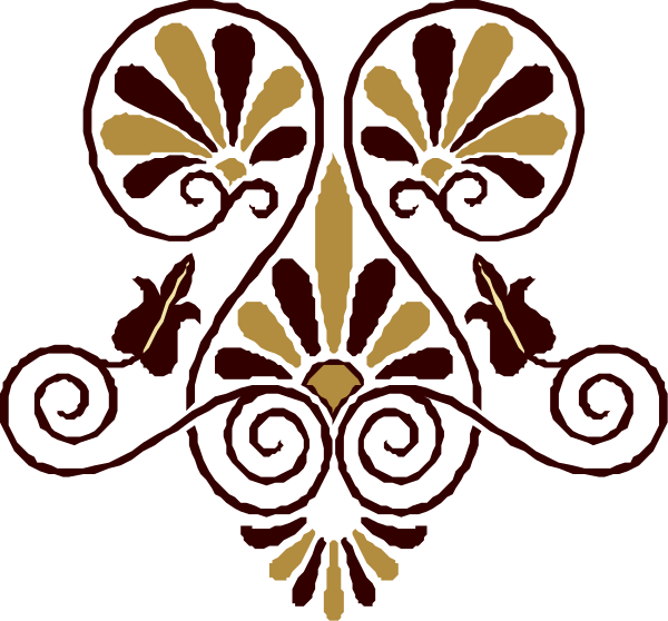 The image shows a stylized emblem with decorative elements that resemble leaves on either side of an abstract design in between them; it is monochromatic without any text present.