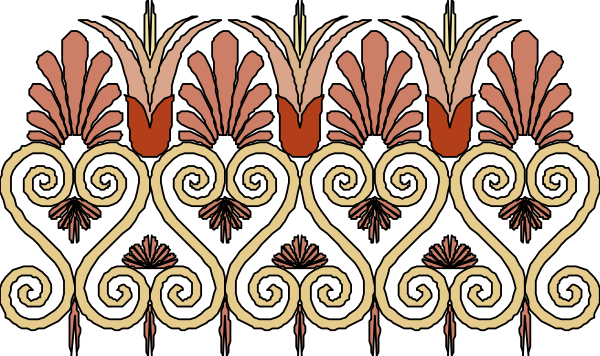 The image shows a decorative border with swirling patterns featuring red flowers on either side of an intricate design that includes scrollwork and floral motifs in shades of pink and white against a dark background, resembling wallpaper or fabric pattern designs commonly used for borders around windows or other architectural features.