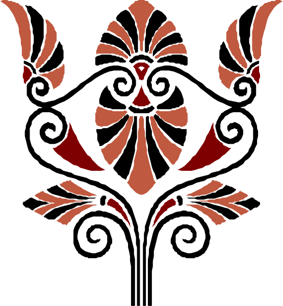 The image shows a stylized emblem with an intricate design featuring red accents on what appears to be black backgrounds within two borders; it has no text present in this view.