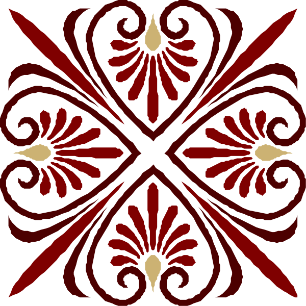The image shows a red pattern with white borders on black background featuring symmetrical designs that resemble stylized flowers within an intricate border of swirls and lines.