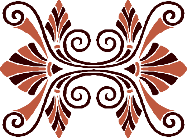 The image shows a stylized black and red pattern with swirling designs that resemble leaves on either side of an abstract shape in the center.