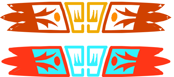 The image shows a colorful tribal design with red, blue, yellow, black, white elements that resemble stylized feathers on either side of what appears to be an abstract face in the center.