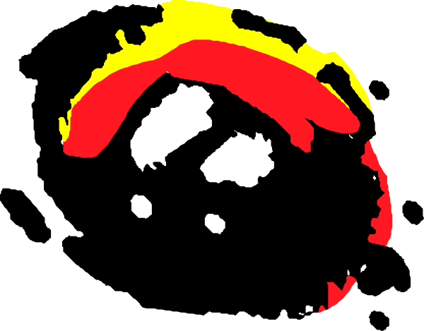 The image shows a black silhouette of an eye with red pupils against a dark background.