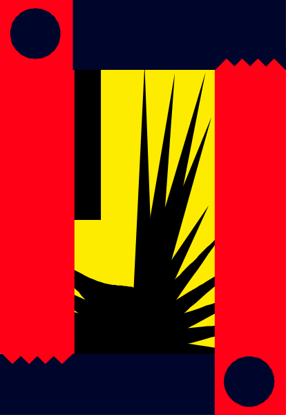 The image shows a stylized graphic with abstract shapes resembling an animal's head on top of what appears to be a red banner-like element against a dark background; there is also another, smaller shape that looks like it could represent a plant or flower in yellow and green colors.
