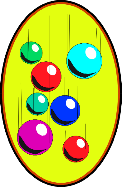 The image shows a cartoon representation of an egg with multiple colorful spheres inside it against a dark background.