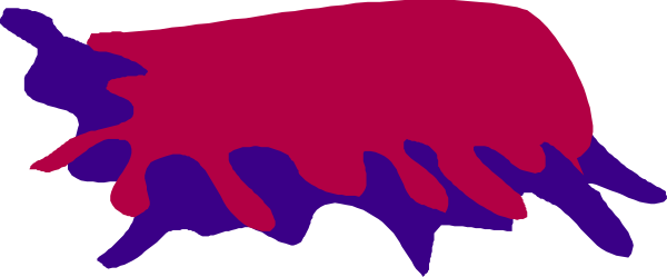 The image shows a pink fish with purple fins swimming underwater next to an abstract red shape that resembles coral on top of gray water in what appears to be a stylized aquatic environment.