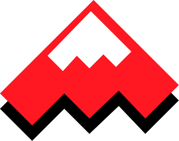 The image shows a pixelated representation of an upside down mountain peak with red triangles on it against a dark background.