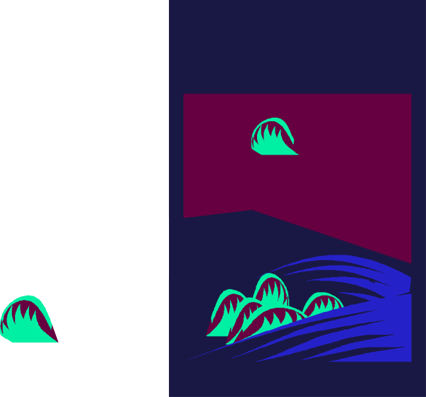 The image shows a cartoon of an alien spacecraft with three green aliens on it flying over water at night under a dark sky.