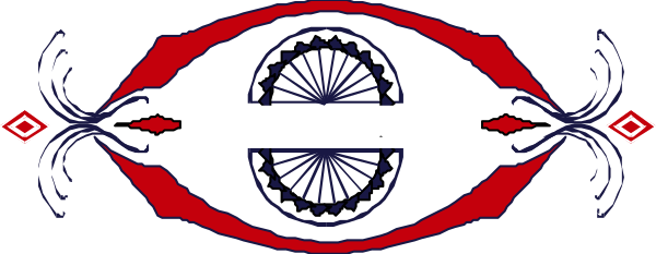 The image shows a stylized eye with an intricate design around it on what appears to be a banner-like background featuring red and blue patterns.