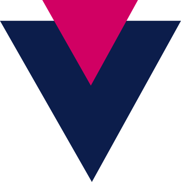 The image shows two distinct logos of a company named "V". One logo is on top with an abstract design featuring geometric shapes in blue against a white background, while below it there's another version that includes more intricate details and uses shades of pink within its triangular shape also set against the same color scheme.