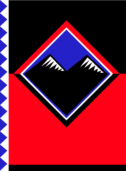 The image shows a stylized graphic of an abstract mountain with red stripes on either side against a blue background within what appears to be a black border that resembles a diamond shape.