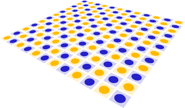 The image shows a black and white checkerboard pattern with blue circles on it.