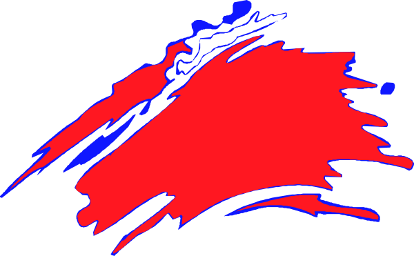 The image shows a red abstract design with splashes of blue on black background.