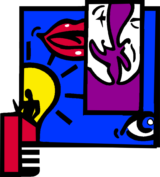 The image shows a stylized cartoon of an open window with three distinct panels: 1) A red lightbulb in front of it; 2) An illustration of lips on one side, and eyes on another; 3) Two hands holding up signs or banners that are not clearly visible. The background is blue-purple gradient coloring. There's a small figure resembling an astronaut at the bottom right corner with their back to us looking out into space through binoculars, and there appears to be some sort of sun or light