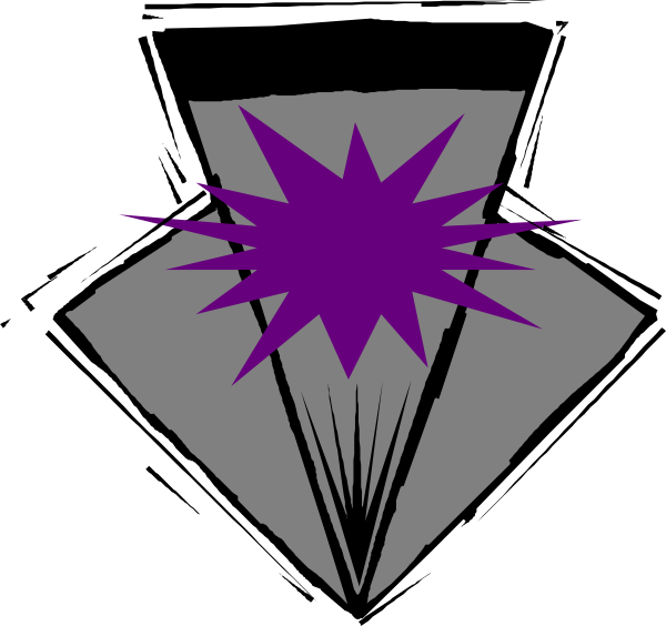 The image shows a purple explosion with white sparks inside it against a black background within an irregularly shaped border that resembles a shield shape in gray tones on top of each other.