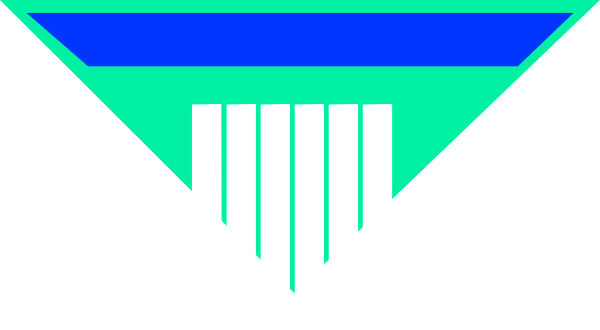 The image shows a stylized graphic of an abstract design with geometric shapes resembling a mountain range on top against a blue background at bottom.