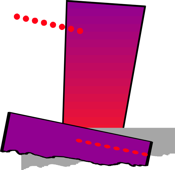 The image shows a purple neon sign with red dots on it against a black background; there is also an abstract shape resembling a building in pink next to two rectangles that appear like windows at night, and below them what looks like a shadow or reflection of another object extending into the darkness.