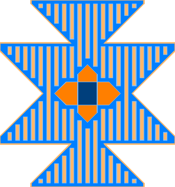 The image shows a blue cross with an orange star at its center on both sides of another smaller design that resembles a stylized flower pattern in shades of red and white against a black background.