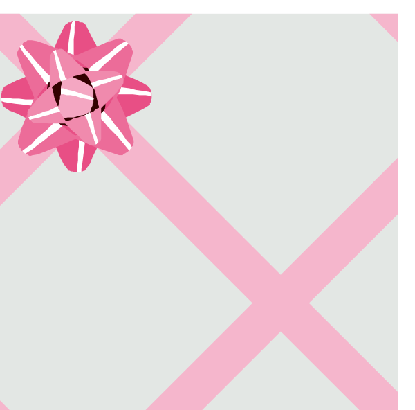 The image shows a pink gift box with white wrapping paper on top of it against a black background; there is also an abstract design resembling two overlapped squares in red at bottom left corner.