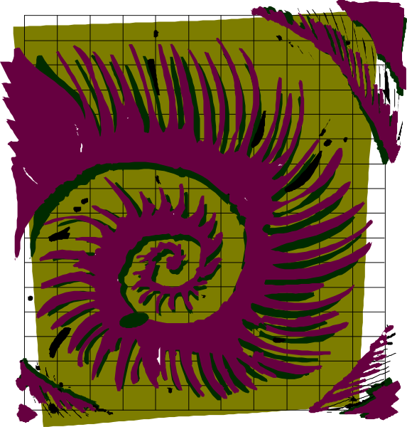 The image shows a purple spiral with an intricate pattern at its center on top of what appears to be a green background in one part, while another section displays two black spirals against a white backdrop.