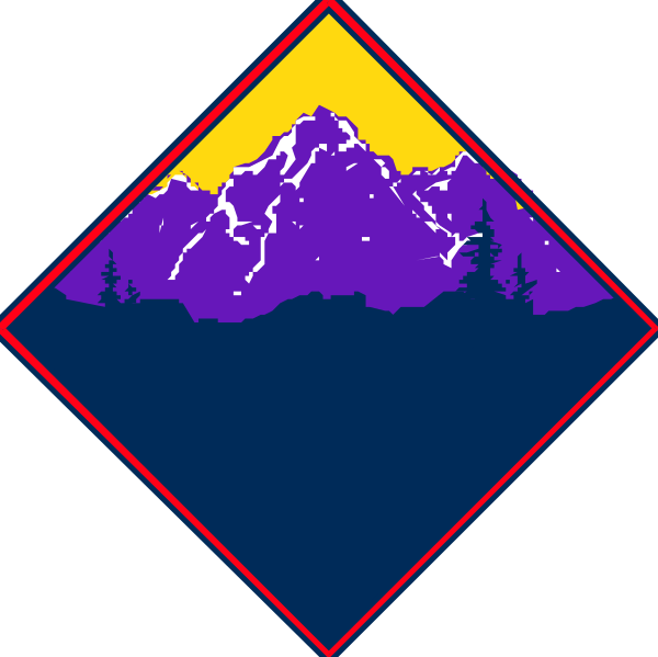 The image shows a graphic with two diamond shapes containing mountainous landscapes; each has snowy peaks under blue skies during what appears to be either sunrise or sunset due to warm hues on one side and cooler tones on another, suggesting different times of day for the depicted scenes.