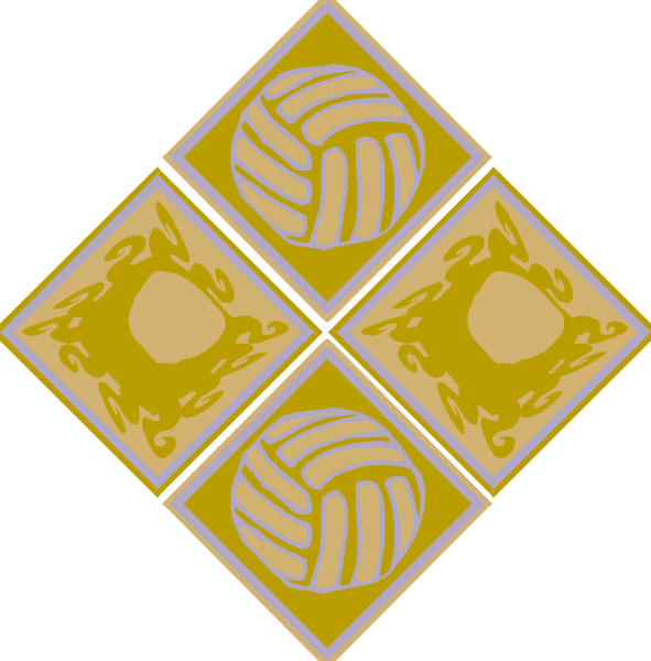The image shows a black background with four identical yellow volleyballs arranged as two diamonds on top of each other in one corner and another diamond at bottom right against white squares that resemble tiles.