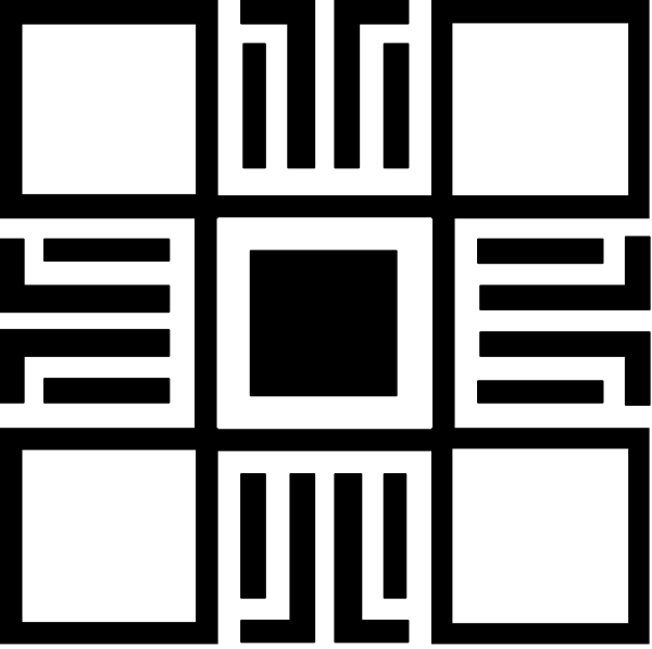 The image displays a black and white pixelated pattern with squares of varying sizes forming an abstract design that could be interpreted as geometric shapes within another shape resembling a square grid on its side.