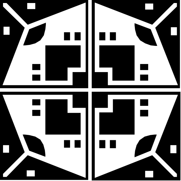 The black and white design features a symmetrical pattern with geometric shapes resembling an abstract flower or snowflake motif at its center surrounded by smaller patterns that could be interpreted as stylized leaves or petals, all within a square border.
