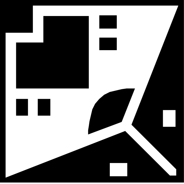 The black and white logo features a stylized house with an open door on its right side at top center of image, suggesting entryway to home; below it is abstract representation resembling leaves in lower left corner, possibly symbolizing nature or growth; upper right has two squares connected by line forming rectangle shape.