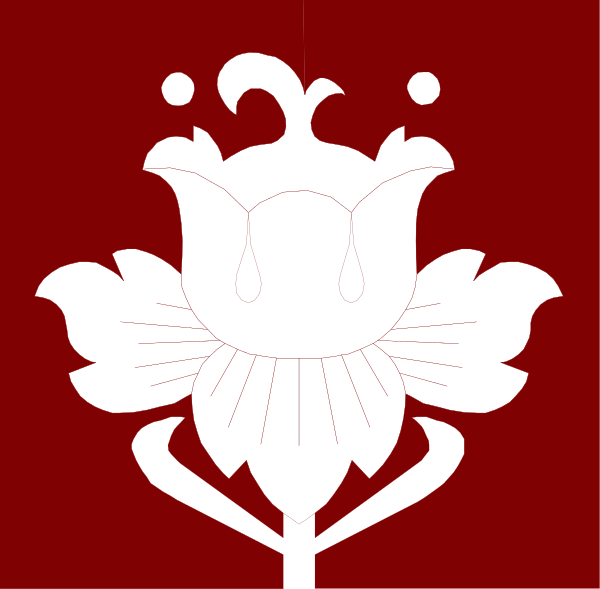 The image shows a red flower with six petals against a white background on top of what appears to be an emblem featuring two crossed swords in black silhouette beneath it.
