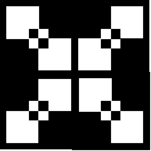 The image shows a pixelated graphic of an abstract design with geometric shapes resembling squares within rectangles against a dark background.