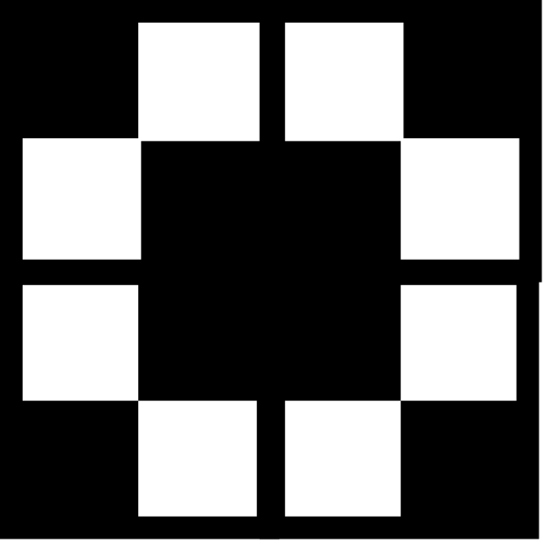 The image shows a pixelated representation of an abstract design with white squares forming what appears to be a pattern within another square frame against a black background.