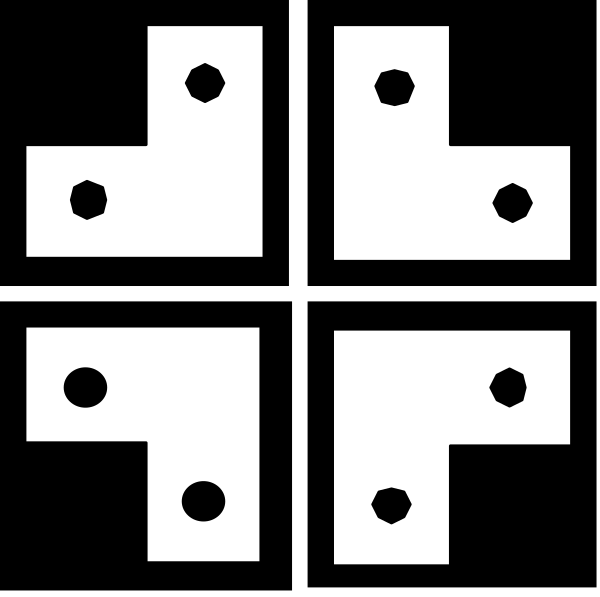 The image shows a black and white pixelated graphic of an abstract design that resembles a stylized cross with four arms extending outward from its center in each direction; it is composed entirely of small squares, creating a patterned effect similar to Tetris pieces or dominoes.