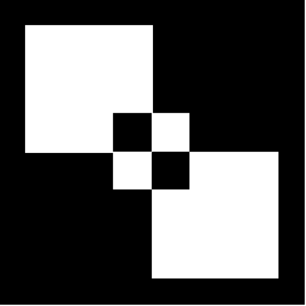 The image shows a black and white pixelated representation of an abstract design that resembles three overlapping squares with checkered patterns inside them forming what appears to be a stylized letter 'X'.