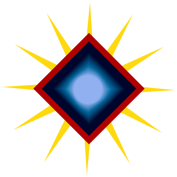 The image shows a stylized sun with rays emanating from it against an abstract background featuring geometric shapes such as triangles in red and blue hues within what appears to be a hexagon-like structure, suggesting some form of symbolic representation or logo design.