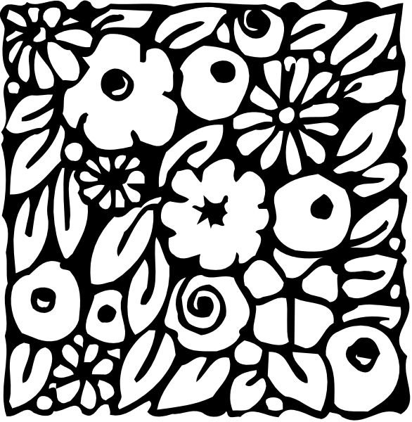 The black and white images showcase a floral pattern with various flowers of different shapes and sizes arranged together to form an intricate design on two separate backgrounds: one is solid color while the other has multiple patterns in it, including swirls and dots.