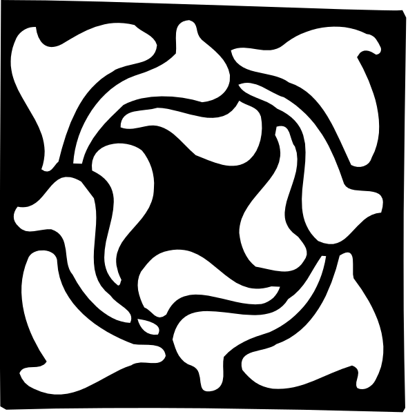 The image shows a black and white logo with an abstract design featuring swirling patterns that resemble waves or leaves around what appears to be a central circular motif.