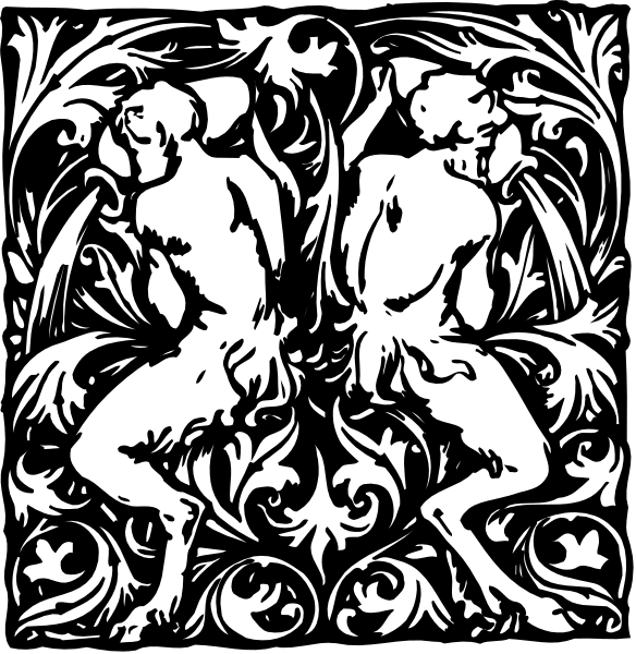 The images show two black and white illustrations of a decorative pattern featuring stylized human figures with intricate designs around them; one is more detailed than the other but both depict similar motifs including leaves, vines, and possibly cherubs or mythical creatures in an elaborate design.