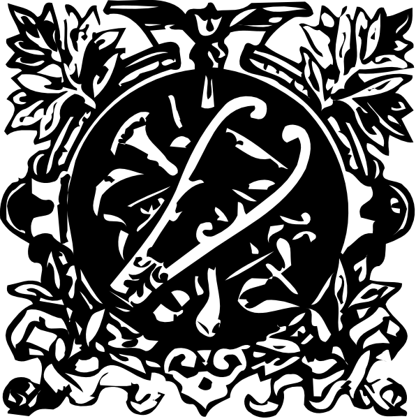 The black and white silhouette of a coat of arms with various symbols around it including an umbrella, swords crossed over each other in front of shields, musical notes above them all, and decorative elements surrounding the central emblem.