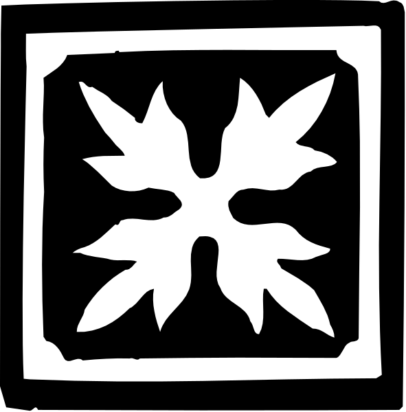 The black and white logo features a leaf design with an open center at its top right corner.