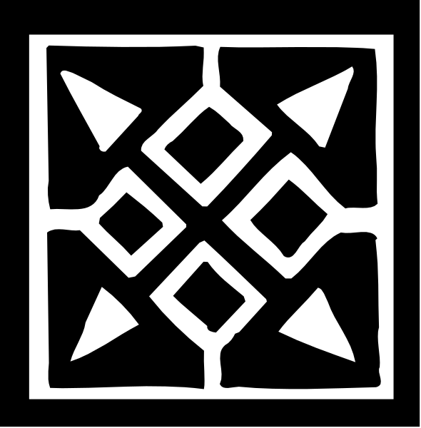 The black and white logo features a stylized design with geometric shapes resembling an abstract pattern within a square frame.
