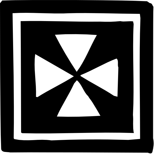 The black and white logo of a cross with eight points on it against a dark background.