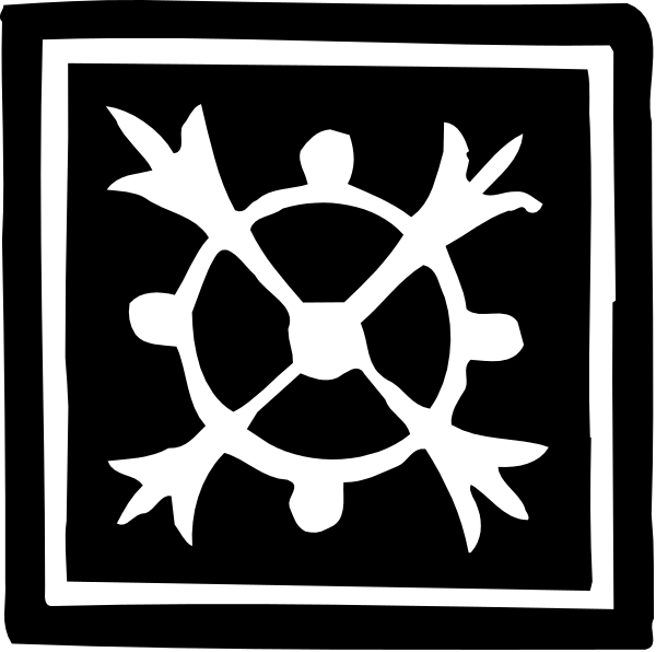 The black and white logo features a stylized compass rose with eight points at its corners, each adorned by what appears to be an abstract floral design in between them.