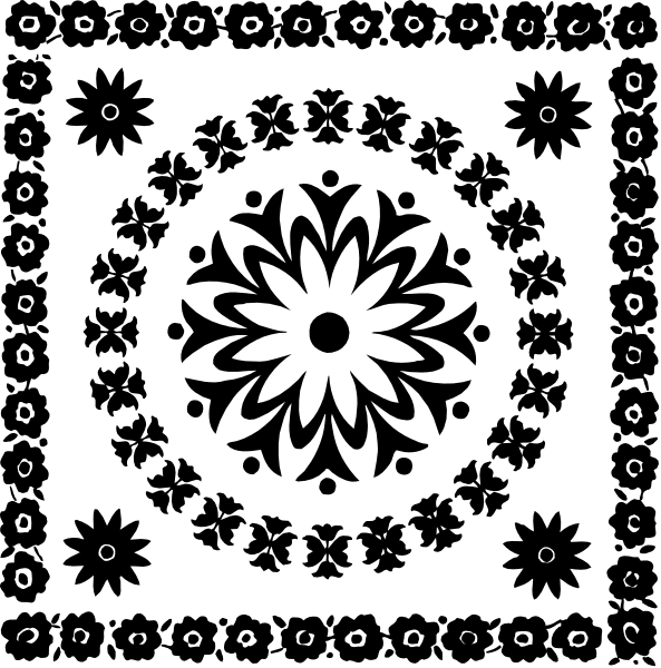 The black and white images show a square with an emblem of a flower at its center on top left corner against a dark background; bottom right image is similar but has additional dots around it forming a pattern, suggesting some sort of decorative border design