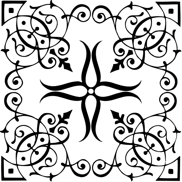 The black and white silhouette of a decorative pattern with intricate designs resembling lacework around an octagonal centerpiece that could be interpreted as a flower-like design at its core.