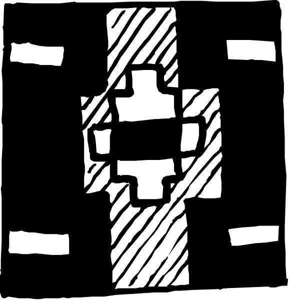 The image shows a black and white graphic of an icon with two overlapping squares forming a cross shape inside another square frame on top of what appears to be a map background.