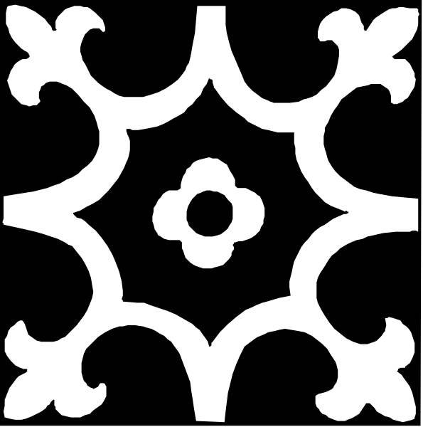 The black and white pattern features a decorative border with intricate designs that resemble lacework on either side of an image in between them.