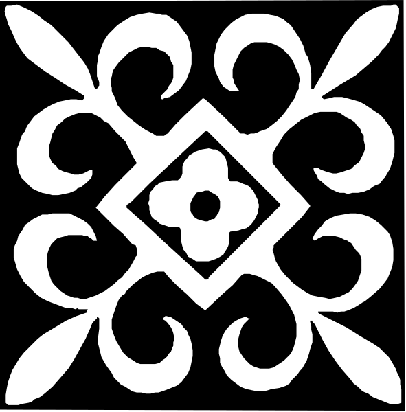 The black and white images show two different designs of decorative patterns with intricate shapes resembling flowers within a square frame on one side and an octagonal shape adorned by swirls in another, both featuring symmetrical motifs that could be used for wallpaper or as part of larger artwork.