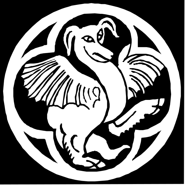 The black and white logo features a stylized depiction of an animal with wings on either side, resembling a mythical creature like a griffin or phoenix, within two circular frames that have intricate designs around them; one frame is at top left corner while the other encloses both the image above it and another smaller emblem below.