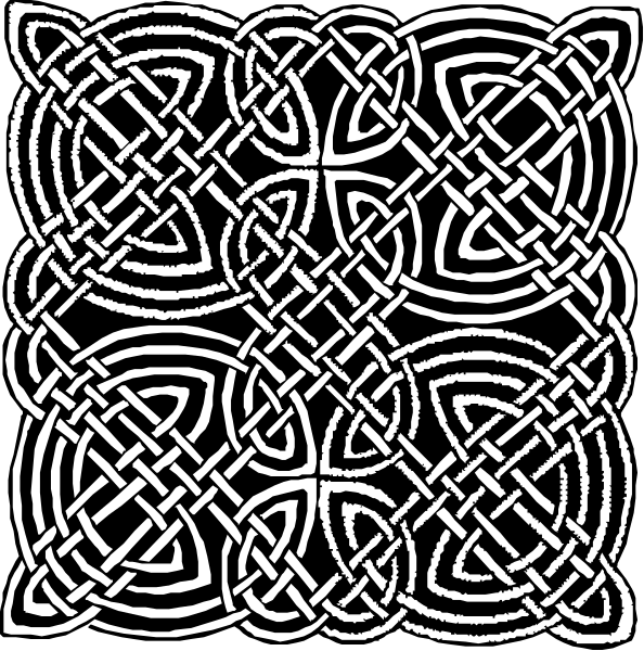 The black and white images show a decorative pattern with intertwining designs resembling Celtic knots on two separate backgrounds; one is solid color while the other has an intricate design that could be interpreted as foliage, possibly representing nature or trees in stylized form.